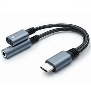QOLTEC 2-in-1 USB-C Adapter with USB-C PD 15W and 3.5mm Jack, 10 cm, Aluminum