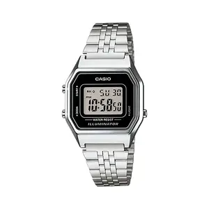 Электронные наручные часы CASIO LA680WA-1DF — чёрный корпус из резины, браслет из нержавеющей стали, батарея CR1616