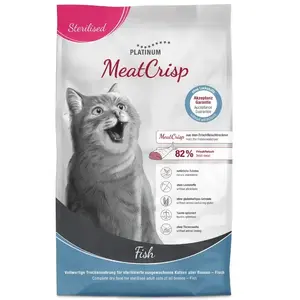 Sausais kaķu barība Platinum MeatCrisp Sterilised Fish — pilnvērtīgs 1,5 kg sterilizētām pieaugušām kaķēm, 36% olbaltumvielu, 11% tauku, bez glutēna un sojas