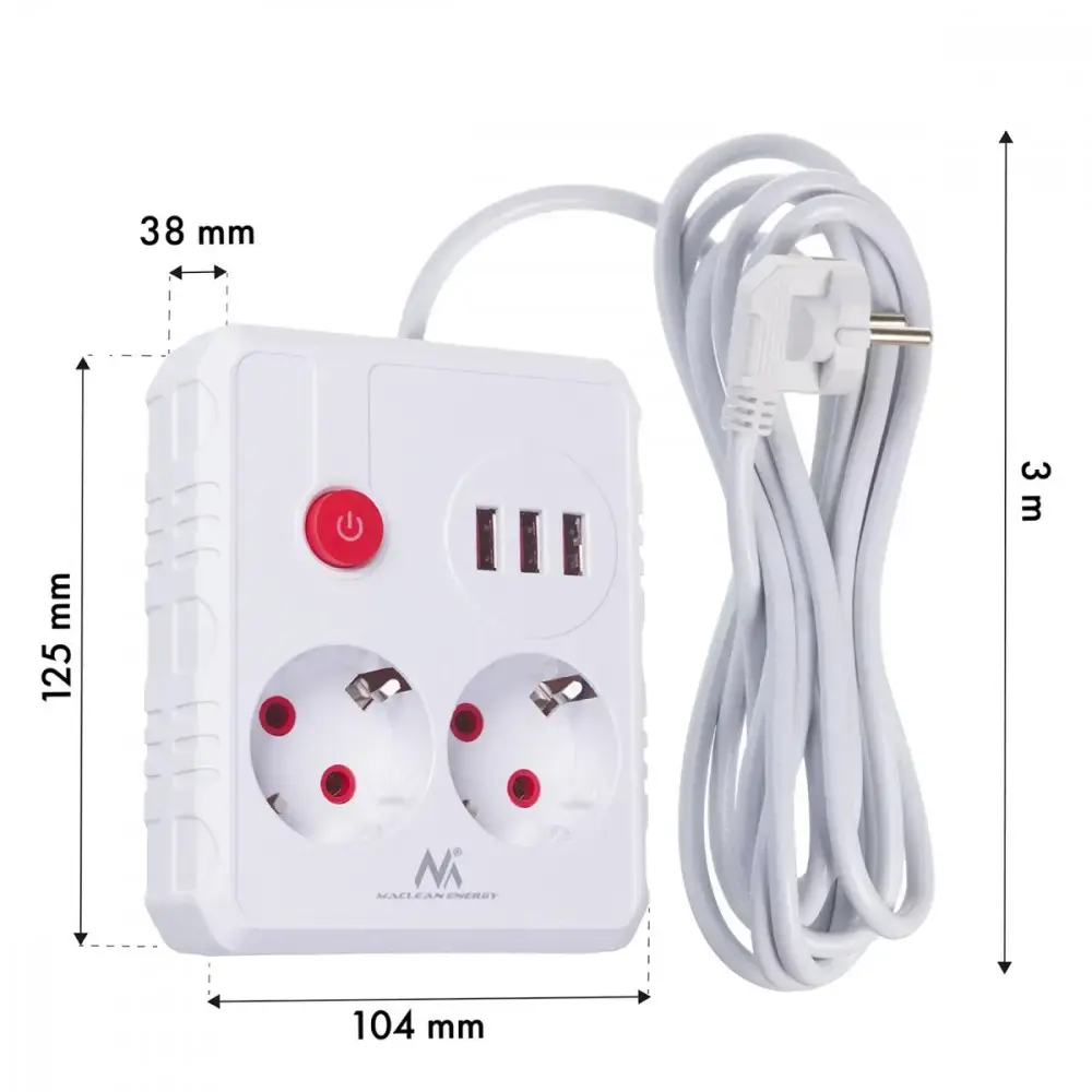 Сетевой удлинитель MACLEAN MCE388 W — 2 розетки, 3 USB Photo 6