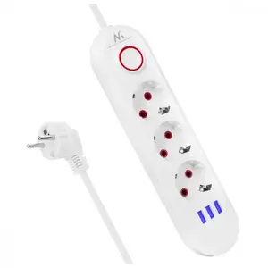 Сетевой удлинитель MACLEAN MCE394W — 3 розетки, 3×USB 2.1A, 110–240V AC, 2500W, кабель 1.5 м, белый