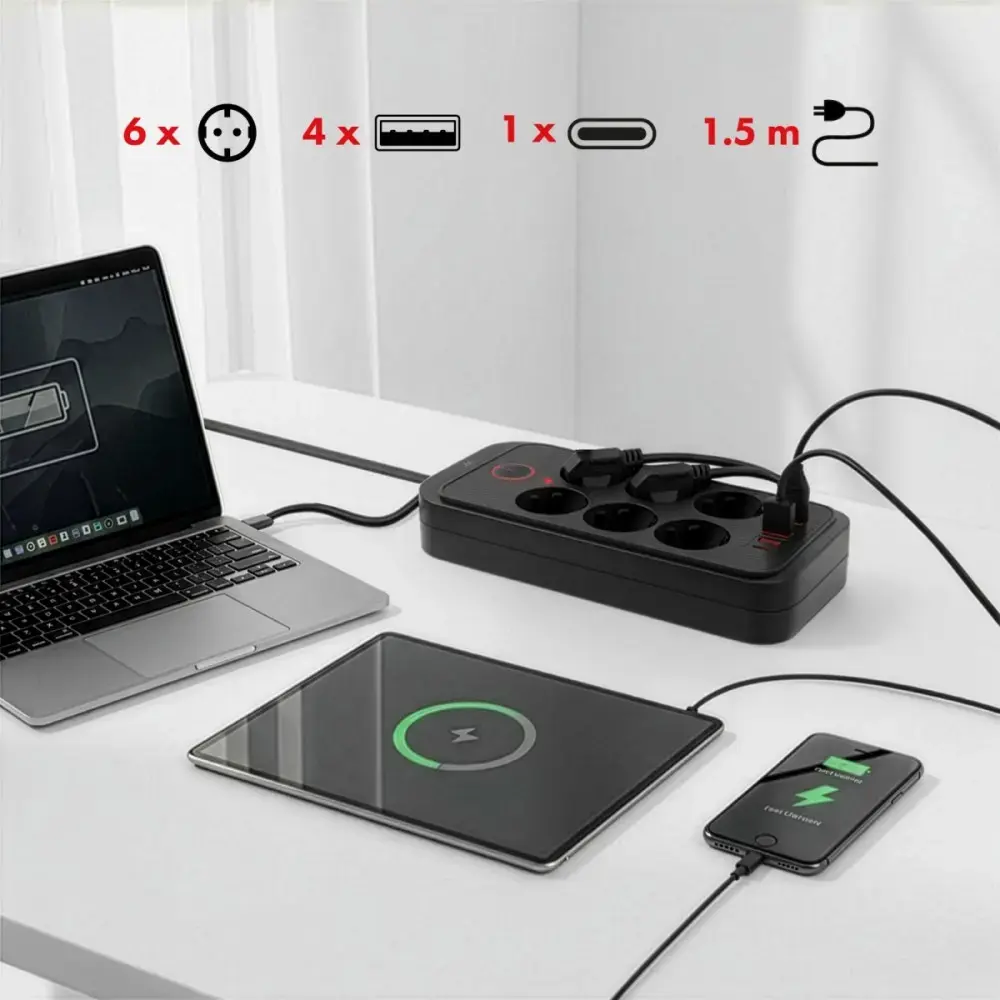 Удлинитель MACLEAN MCE389 B — 6 розеток, 4 USB + USB‑C Photo 5