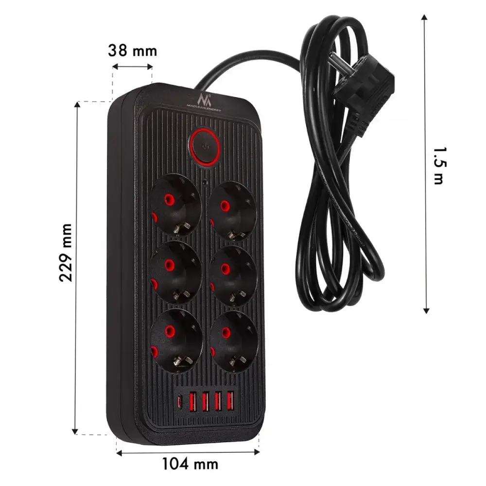 Удлинитель MACLEAN MCE389 B — 6 розеток, 4 USB + USB‑C Photo 6