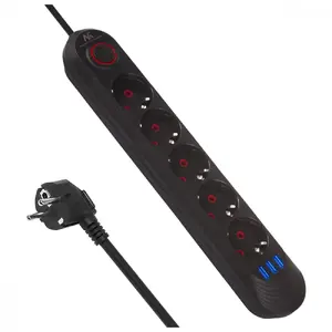 Сетевой фильтр MACLEAN MCE395 B — 5 розеток, 3×USB, 110–240V AC, 2.1A USB, 2500W, кабель 1.5 м, чёрный
