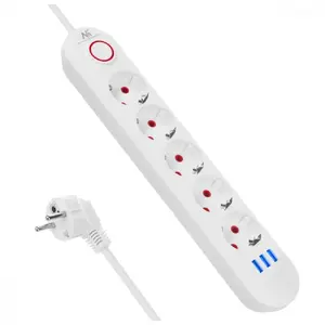 Сетевой удлинитель MACLEAN MCE395 W — 5 розеток, 3× USB A, 110–240 В AC, 2.1 A USB, макс. 2500 Вт, белый, кабель 1.5 м