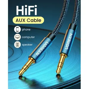 Audio cable UGREEN 3.5 mm male-to-male 3 m — copper conductors, gold-plated contacts, blue