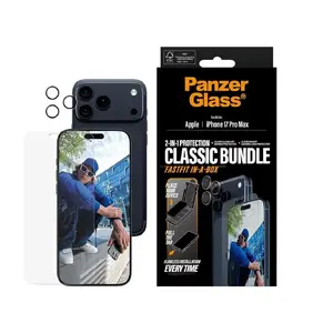 Aizsargu komplekts PanzerGlass Apple iPhone 17 Pro Max — caurspīdīgs 2‑1 (ekrāns un kameras stikls)
