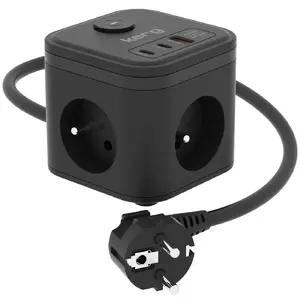 Power strip Kerg SMART – 3 AC outlets Type F with 3 USB (2×A + 1×C), 1.5 m cable, 16A 230V, black