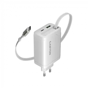 Зарядное устройство CANYON OnCharge 65RC с встроенным кабелем USB-C 65W, 1x PD, 1x QC, евро-вилка, белое
