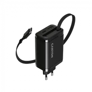 Lādētājs CANYON OnCharge 65RC ar iebūvētu USB-C kabeli, 65W, 1x PD, 1x QC, EU, melns