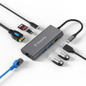 USB-C hubs XtremeMac Type-C Hub ar 8 portiem — HDMI, RJ-45, USB-C, SD/MiniSD, 40 Gbit/s, pelēks