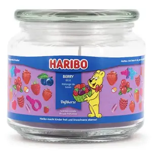 Wax candle Haribo A2168 Round blackberry-raspberry-strawberry, pink, 100 mm × 100 mm, 300 g, glass holder