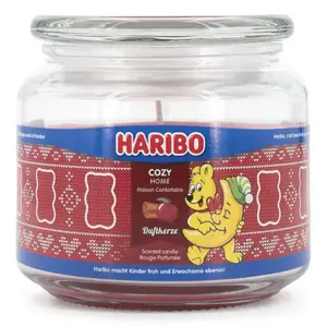 Wax candle Haribo A2203 — round apple‑cinnamon scented, red, 100 mm height, 100 mm diameter, 300 g, glass holder