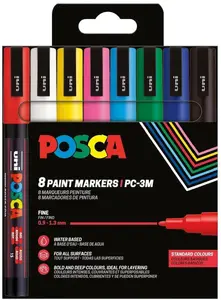 Marker set POSCA PC-3M 8-piece Basic — water-based pigment markers, medium 0.9–1.3 mm tip