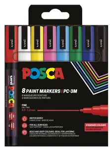 Marķieru komplekts POSCA PC-3M 8 gab. Basic — ūdens bāzes pigmenta marķieri, vidēja 0,9–1,3 mm galu