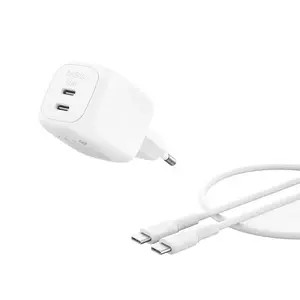 Сетевое зарядное устройство Belkin WCH019KQ1MWH-B6 — для дома, универсальное AC Быстрая зарядка, 2× USB‑C, кабель 1 м, белое, защита