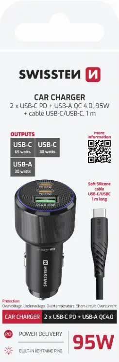 Auto lādētājs SWISSTEN PD 2x USB-C / USB 95W Photo 4