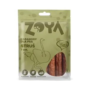 Лакомство для собак ZOYA KABANOSY ZE STRUSIA 7 шт — гипоаллергенное угощение из страуса, 200 г, белок 51%, жир 21,4%