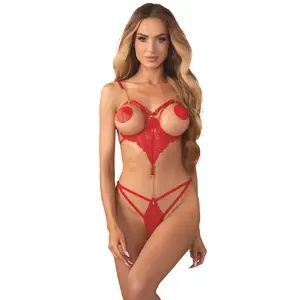 Women's crotchless fitted bodysuit Obsessive Matildea — red, size S/M, 90% polyamide 10% spandex