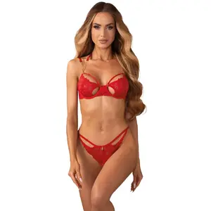 Комплект нижнего белья Obsessive Matildea OBS Set красный S/M — лиф с косточками и бесшовные трусики с открытой промежностью, 90% полиамид, 10% спандекс