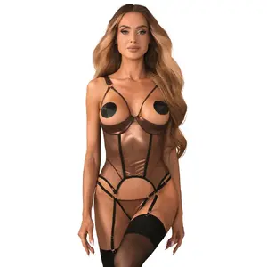 Корсет Obsessive Soranna открытый бюст 2XL/3XL — регулировка шнуровкой, кости, бронзовая эластичная ткань