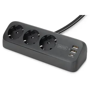Strāvas sadalītājs DIGITUS 3 vietu ar 2×USB-A un 1×USB-C, 3 kontaktligzdas Type E/F, kabelis 1,5 m, melns