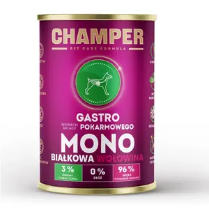 Mitrā barība suņiem CHAMPER Gastro Beef 400 g — liellopa recepte, bez graudaugiem, pilnvērtīgs pieaugušiem suņiem