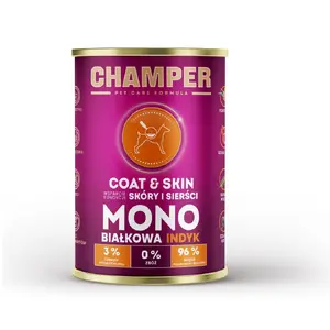 Mitrs suņu barības CHAMPER Coat & Skin Turkey 400 g — pieaugušiem suņiem, bez graudiem, bez lipekļa, kārbiņā