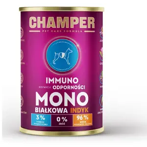 Mitrs suņu barības CHAMPER Immuno Turkey 400 g — pilnvērtīgs bezgraudu konservēts ēdiens pieaugušiem suņiem