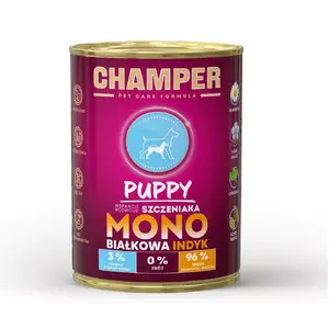 Mitrināts barības produkts kucēniem CHAMPER Puppy Turkey 400 g — pilnvērtīga konservēta barība, 76% mitruma, 10.7% olbaltumvielu, bez graudaugiem