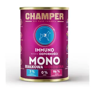 Mitrs suņu barības CHAMPER Immuno Beef 400 g — liellopa receptūra pieaugušiem, mitrums 74%, olbaltumvielas 10,8%, tauki 8,3%