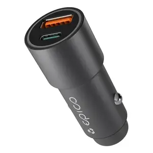 Auto lādētājs Epico Resolve — universāls 12–24V uz 12V, USB‑C ātrā uzlāde, melns, pie cigarešu šķiltavas