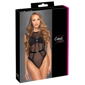 Embellished bodysuit cottelli collection L/XL — black lace, powernet & microfibre, high-leg thong, backless, rhinestone detail