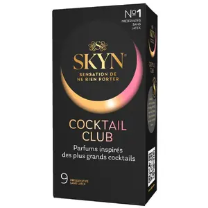 Condoms SKYN Skyn Cocktail Club 9 pcs — non-latex polyisoprene, 53 mm nominal width, flavoured mix (Piña Colada/Cherry Sunrise/Passion Daiquiri)