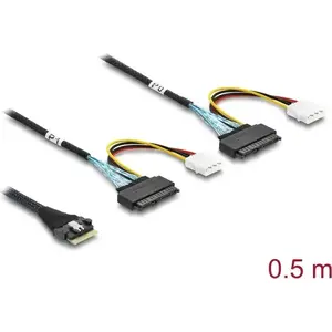 DELOCK PCIe 4.0 slim SAS cable SFF-8654 8i to 2× U.2 SFF-8639 sockets with power connector 0.5 m