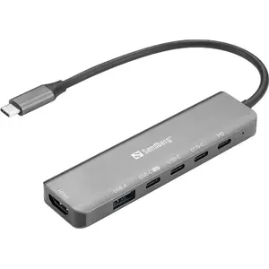 Dokinga hubs SANDBERG USB-C 6-in-1 MediaDock — USB 3.2 Gen 1 Type-C 10 Gbit/s, 4K HDMI, PD līdz 100W, 1×USB-A, 1×USB2.0, pelēks