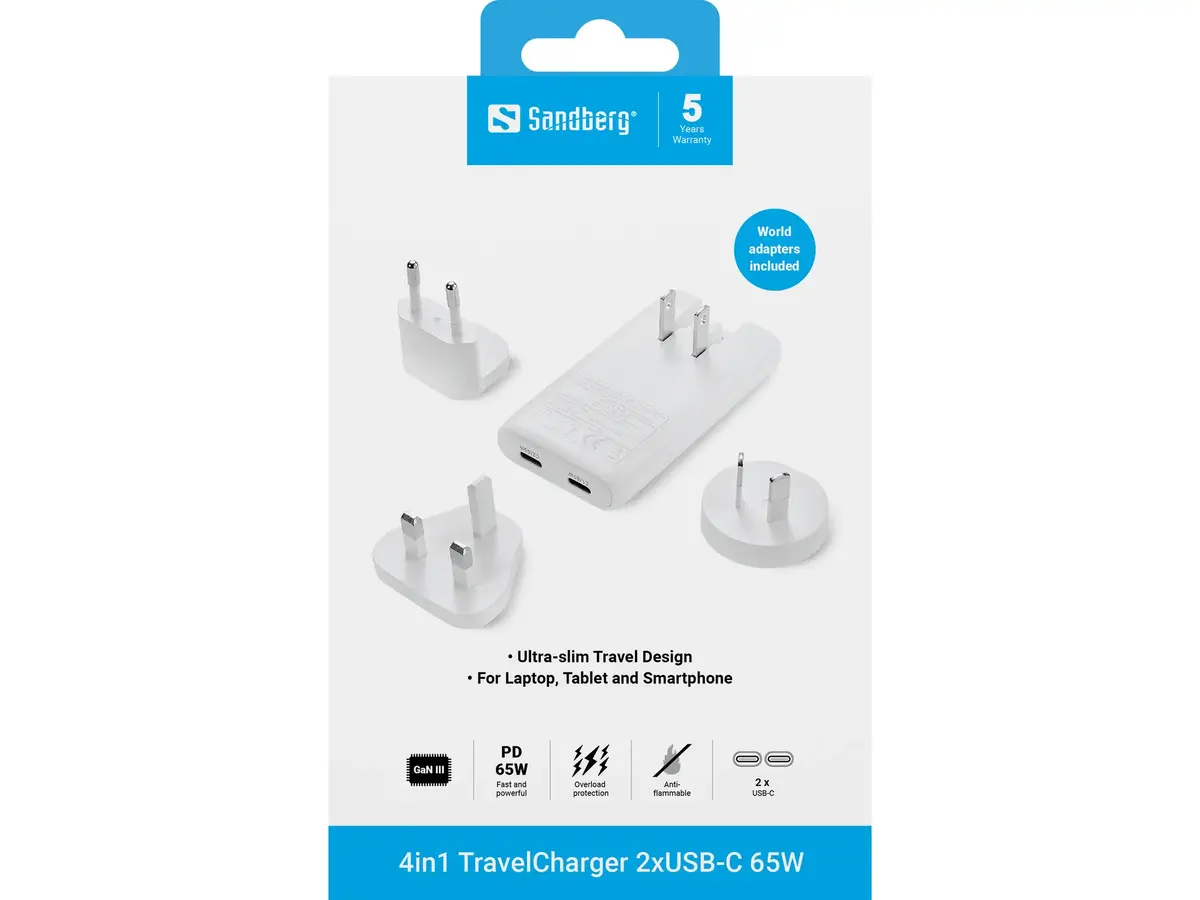 SANDBERG 4in1 TravelCharger 2×USB‑C 65W Photo 8