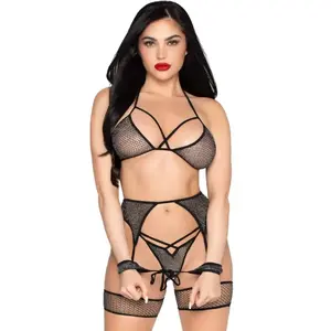 lingerie set leg avenue 89362: top, thong, garter belt and handcuffs, black, one size