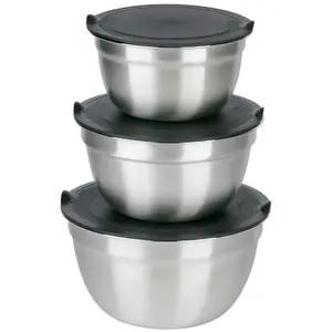 Metal bowl set with lids ALPINA 3 pcs — stackable food storage bowls, stainless-steel design