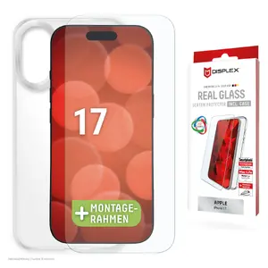 Caurspīdīgs rūdīta stikla ekrāna aizsargs ar eko montāžas rāmi un vāciņu Apple iPhone 17 — Displex