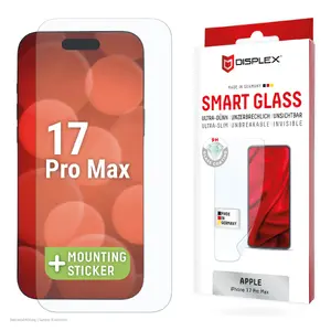 Aizsargstikls Displex Smart Glass (9H) priekš Apple iPhone 17 Pro Max ar montāžas uzlīmi, caurspīdīgs, 1 gab.