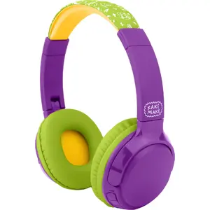 Bezvadu bērnu austiņas KAKE_MAKE KD40 — zaļi‑violetas, kompaktas stereo austiņas ar bērnam ērtu fitu