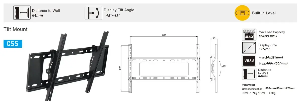 Wall mount ESTAR C55 for 32–75" TVs Photo 2