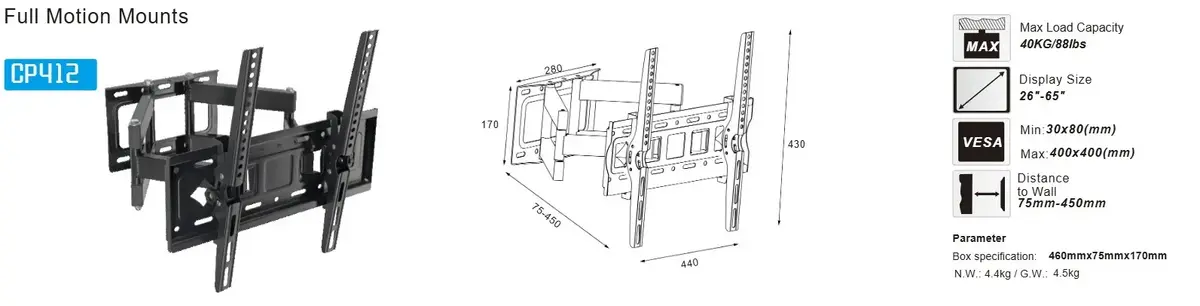 Настенное крепление ESTAR CP412 для ТВ 22–65" до 40 кг Photo 2