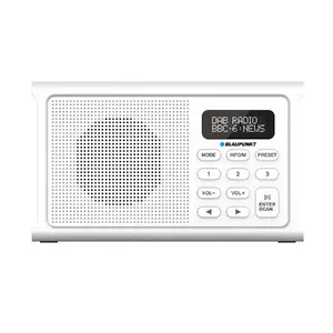 Radio modinātājs BLAUPUNKT DR3WH — kompakts portatīvais FM/DAB+ radio ar Bluetooth 5.3, LCD ekrānu, diviem modinātājiem, 1.5 W skaļruni, 1800 mAh akumulatoru