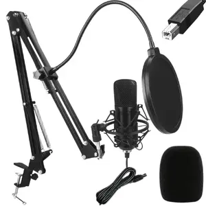 Fusion USB studio microphone FSN-SMICSET-BK with adjustable stand and pop filter — black, for podcasts, streaming, voice recording