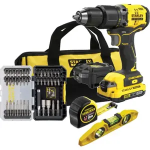 Electric screwdriver set STANLEY SFMCK101D1S — 18V Li‑Ion, 2 Ah battery, max torque 60 N·m, LED, 600/1900 RPM, includes bits, charger, soft bag and case