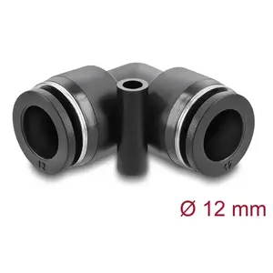 Pneumatic connector DELOCK 12 mm 90° angled with mounting hole, female thread, metal/plastic, length 39.5 mm