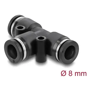 Pneumatic T‑shape connector DELOCK 8 mm, female thread, metal/plastic body, 46 mm, two mounting holes