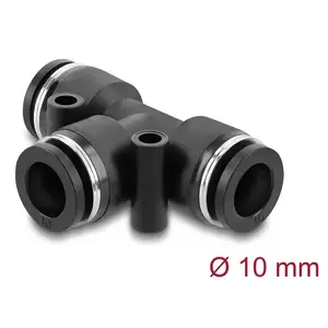 Pneumatic T‑connector DELOCK 10 mm with two mounting holes, black metal/plastic, female thread, 55 mm